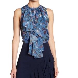 Alice & Olivia Blue 100% Silk Floral Top Ruffles Romantic Girly